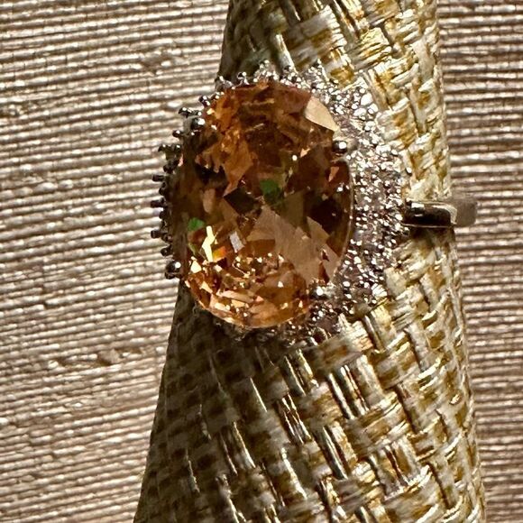 11CT ROUND MORGANITE RING W CZ DIAMONDS CIRCLING - Picture 6 of 11